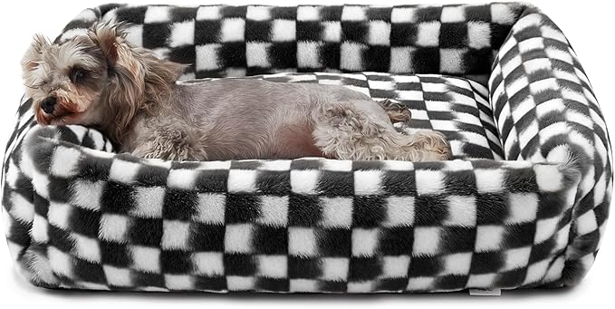 JOEJOY Small Dog Bed for Small Dogs, Removable Washable Cover Orthopedic Soft Faux Rabbit Fur Pet Bed, Anti-Slip Fluffy Plush Puppy Bed, 20"x19"x6", Checkered, Black