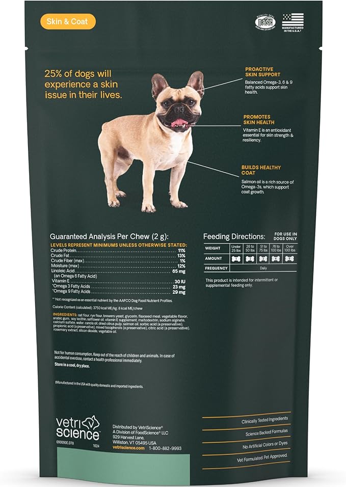 VetriScience Healthy Skin & Coat Chews, Derma Strength Omega-3 Salmon Oil Supplement for Dogs, Omega Skin and Coat Chews, Skin Health, Coat Growth, Veggie, 70 Count