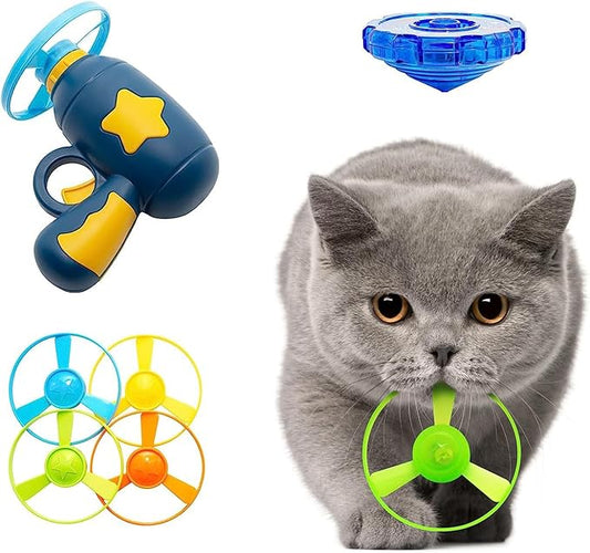 Flying Cat Toys, Interactive Cat Fetch Toy with 1 Light Up Spinning Tops, and 5 Flying Propellers, Flying dis Toy for Hunting Chasing Indoor/Outdoor