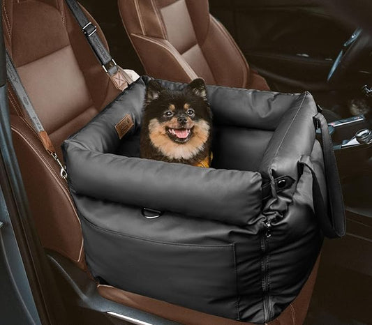 FUNNYFUZZY Leather Dog Car Seat for Small ＆ Medium Sized Dogs Up to 35lbs, Waterproof and Washable Dog Booster Seat Car Bed for Travel and Home,Portable and Safety(Black)