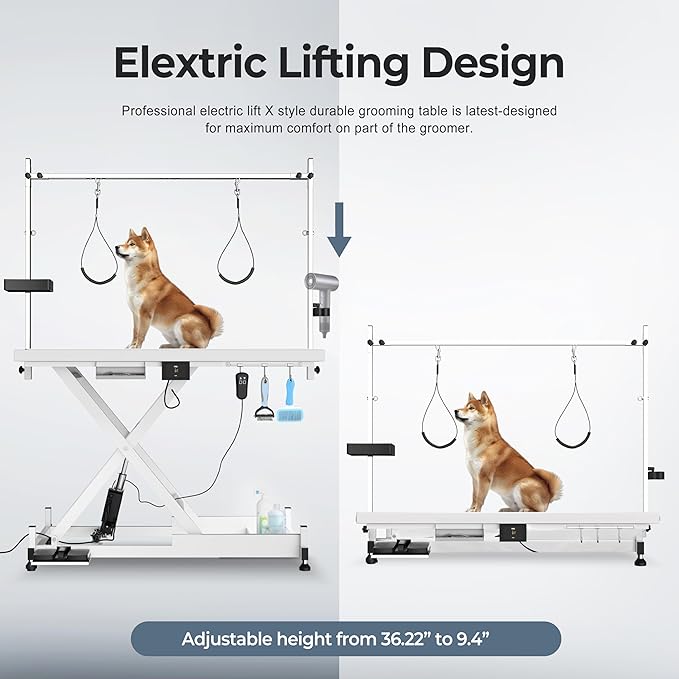 50" Electric Dog Grooming Table 9"- 37" Height Adjustable Heavy Duty Professional Lift Dog Grooming Table for Large Dogs with 2 Nooses, 4in1 Comb & Nail Care Set, Blow Dryer Clip White