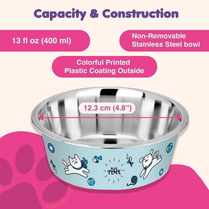 Stainless Steel Dog Bowls | Cat Bowls (Set of 2) - Anti Skid Dog Water Bowl | Cat Water Bowl - Dishwasher Safe - 13oz / 400ml – 12.3cm (Pale Turquoise Playtime Print)