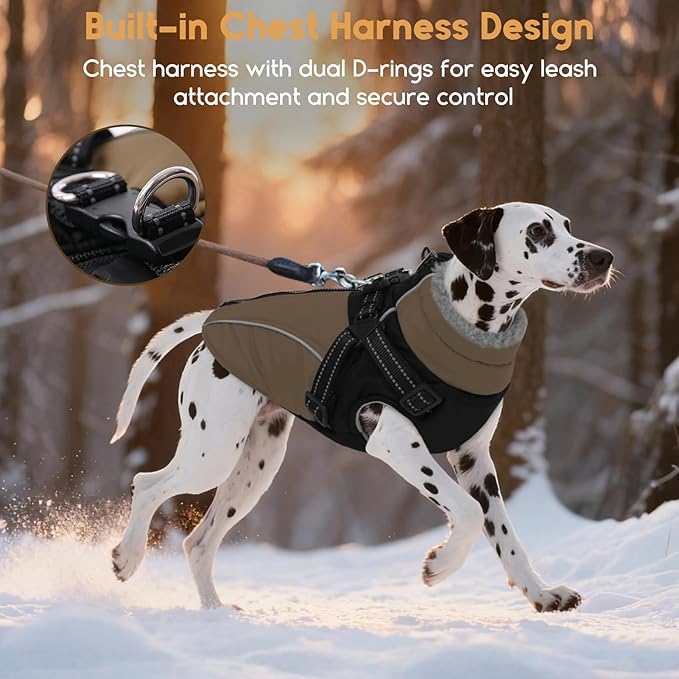 ASENKU Reflective Dog Coat with Built-in Harness, Windproof Fleece-Lined Dog Jacket for Small, Medium, Large Dogs, Warm Winter Vest with Turtleneck & Zipper (Khaki XL)