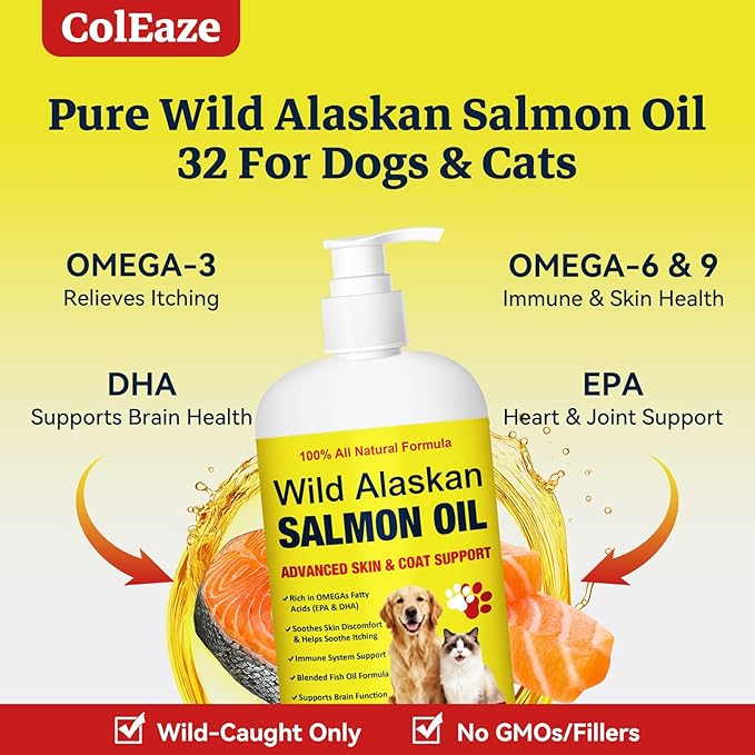 Wild Alaskan Salmon Oil for Dogs & Cats - 32oz Omega 3 Fish Oil with EPA DHA Fatty Acids, Skin & Coat Support, Itchy Relief, Immune & Joint Support, Liquid Food Topper for Heart & Brain Health