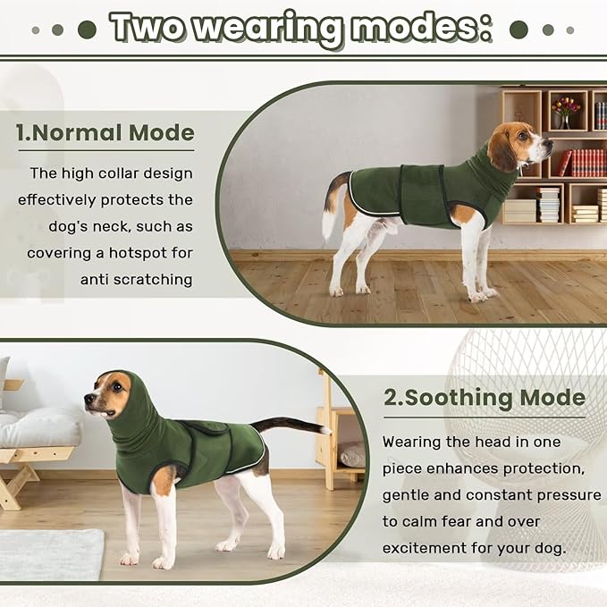 IDOMIK Dog Anxiety Calming Hoodie, Breathable Dog Jacket Vest for Thunderstorms, Fireworks, Vet Visits, Separation, Adjustable Noise Block & Ear Protection Recovery, Green, M