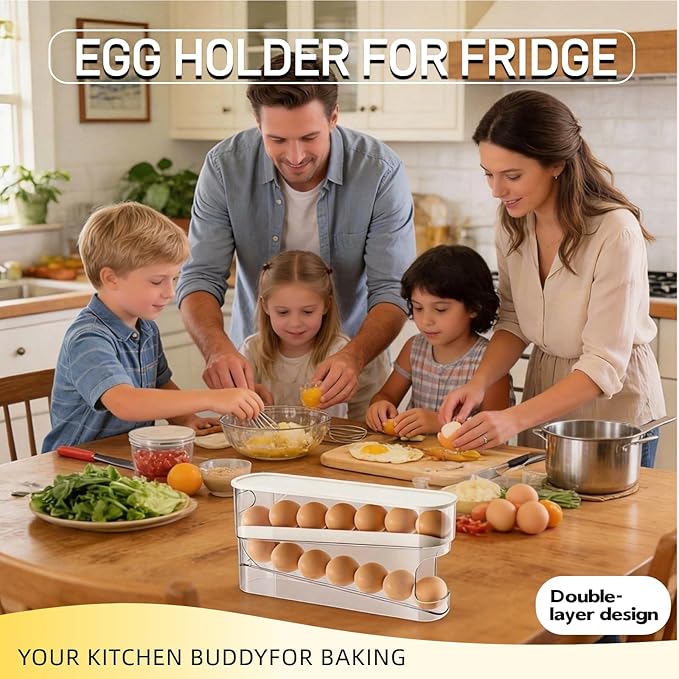 Egg Holder for Fridge, Space-Saving Automatic Rolling Egg organizer for refrigerator, 2-Layer Stackable Fridge Egg Dispenser and Storage with Lid for Kitchen, Countertop, Dining Room