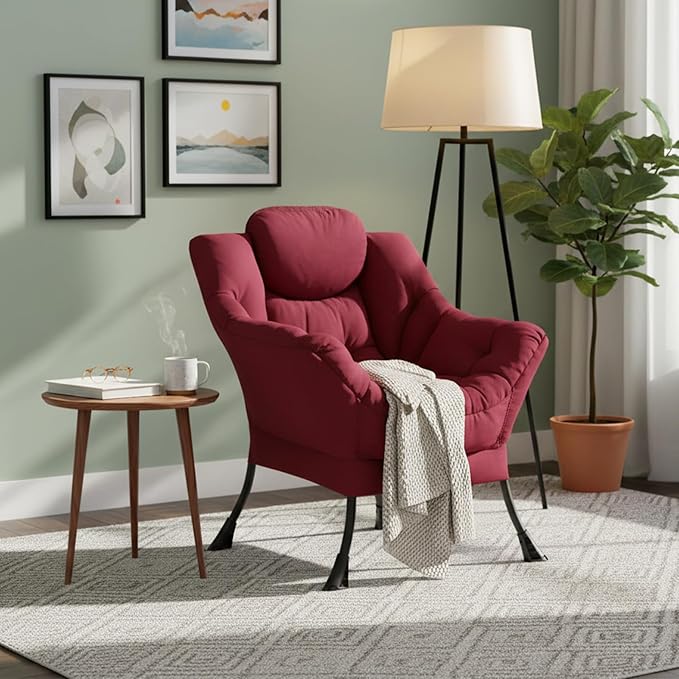 Welnow Lazy Chair for Living Room, Modern Reading Lounge Accent Chair with Armrests and a Side Pocket, Leisure Upholstered Lazy Sofa for Small Space, Bedroom, Dorm, Burgundy