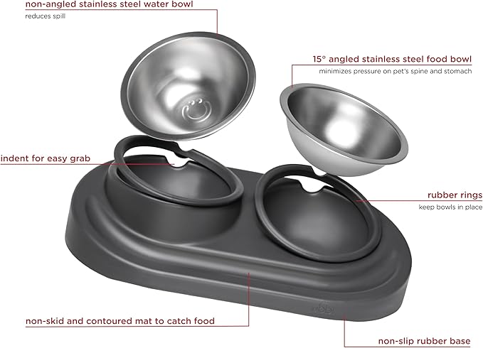 Ubbi Pet Feeding Bowls Set with Non-Slip Mat, Elevated & Flat Stainless Steel Dog or Cat Bowls, Ergonomic 15° Angled Feeder, Dishwasher Safe, Charcoal Gray