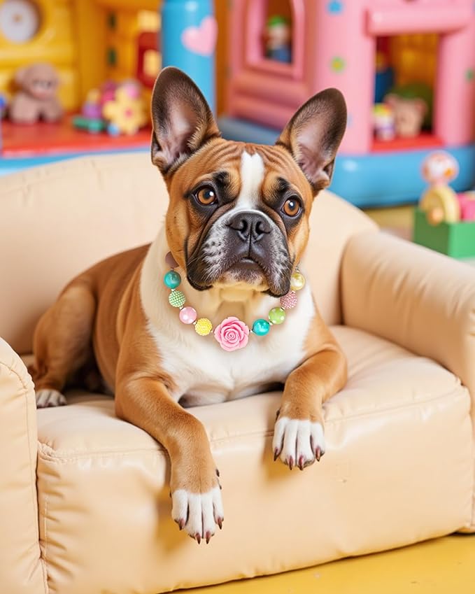 Hosiwei Princess Bubblegum Dog Collar Necklace, Chunky Beads (19mm) with Flower Charm Pet Collar | Adjustable Sparkling Pet Jewelry Accessory for Dogs, Daily Wear & Costume Parties (14-18 in)