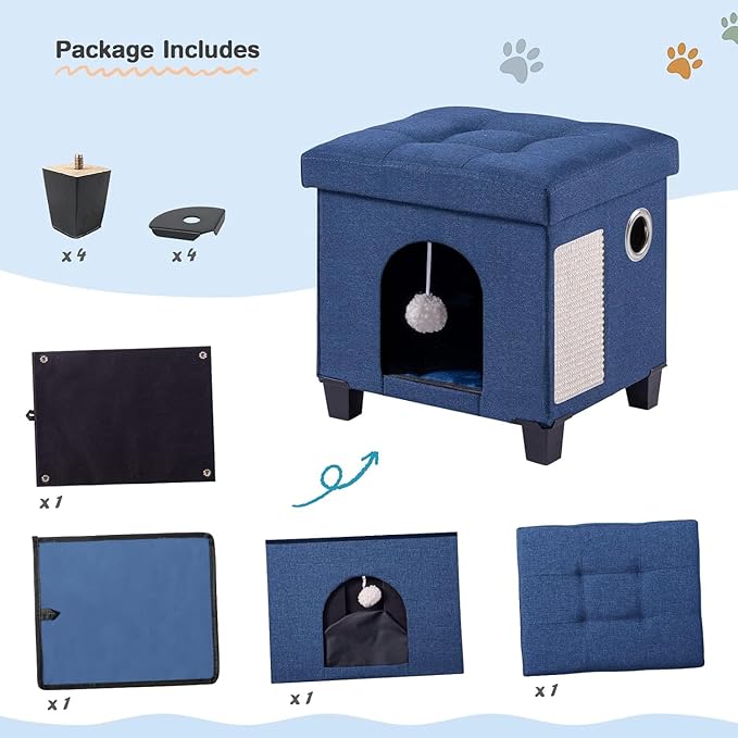 BRIAN & DANY Foldable Cat House, Cat Cave, Cat Cube with Scratch Board & Ball, 14.7" x 14.1” x 12.7”, Blue