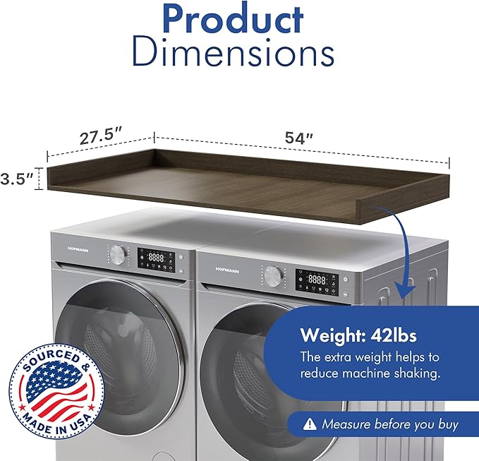 OfficeSimpli Washer Dryer Countertop, Made in USA, Non-Slip Pads, Easy Clean, Laundry Room Essentials and Decor, Washer Dryer Wood Top for Organization (Tenino Grey, Standard (27.5" x 54"))