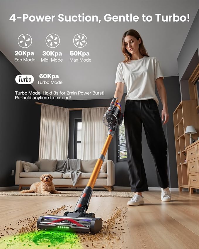 Cordless Vacuum Cleaner for Home, Upgraded 60Kpa Powerful Suction Pet Hair Vacuum with 70min Runtime, Green LED Light for Hardwood Floors & Carpet, Self-Standing Rechargeable Stick Vacuum, Golden