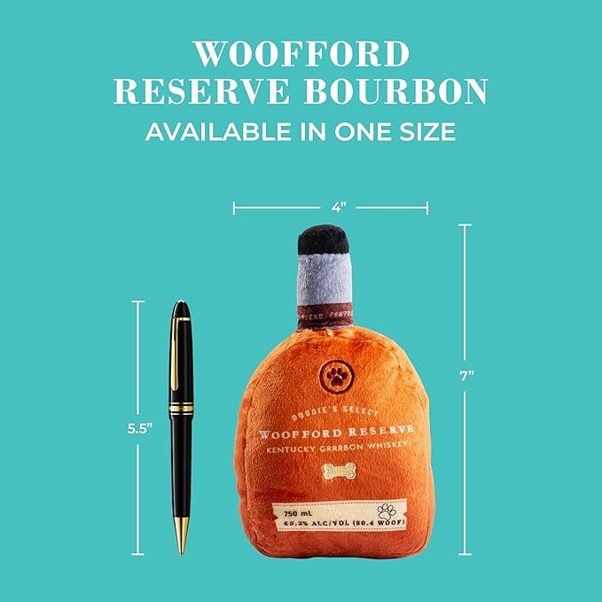 Haute Diggity Dog Woofford Reserve Bourbon Bottle Parody Plush Dog Toy for Medium & Large Dogs, Drink-Inspired Stuffed Dog Toys with Interactive Squeaker, Machine-Washable, Durable & Safe, One Size