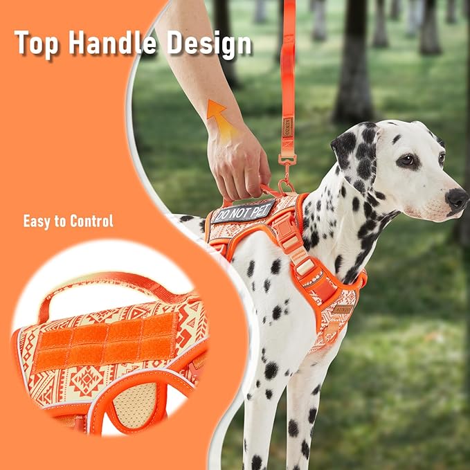 Orange Tactical Dog Harness Vest for Large Dogs No Pull Adjustable Reflective Military Pet Harness with Handle for Golden Retriever, Doberman Pinscher, Rottweiler, Great Dane Service Dog, XL