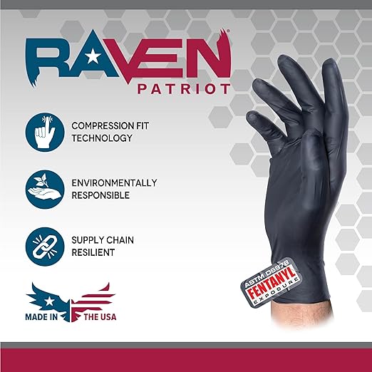 SAS Raven Patriot Powder-Free Nitrile Disposable Gloves | 7 Mil - XL | Black, 10 Boxes of 100| Latex Free, Compression Fit, Textured Grip | Paint, Automotive, Industrial, Janitorial, Food Service