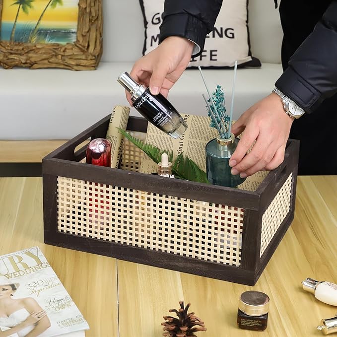 Bamboo Storage Basket, Wicker Storage Basket for Organizing, Wood Crate. (Brown-Large)
