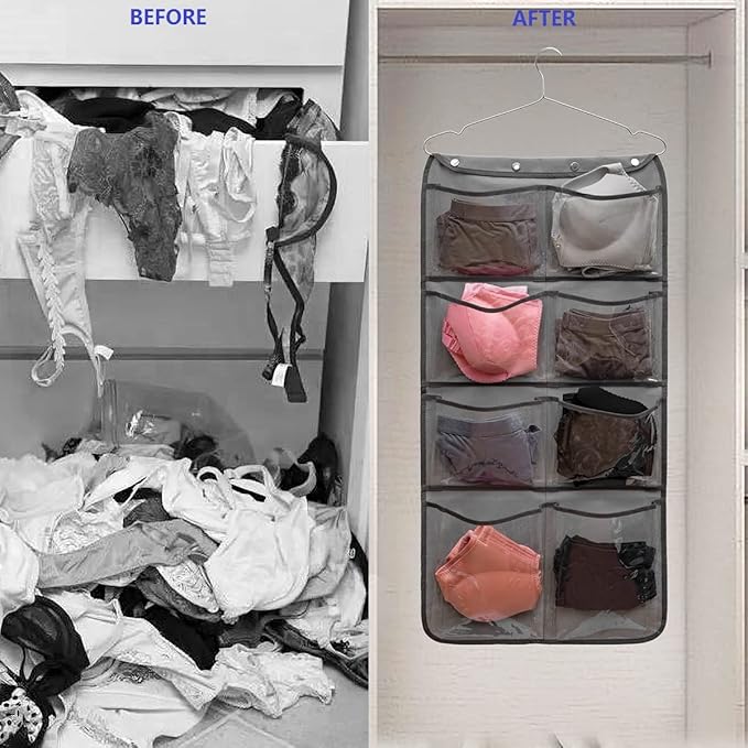 Dual Sided Hanging Closet Organizer Durable Socks Stocking Clothes Bra Accessories Storage Bag With 16 Large Pockets (Clear PVC Pockets)