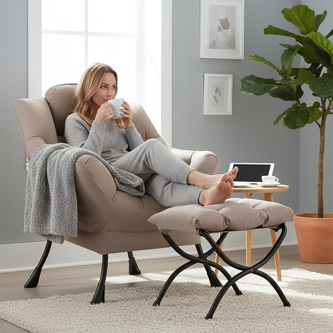 Welnow Lazy Chair with Ottoman, Modern Reading Lounge Accent Chair with Armrests and a Side Pocket, Leisure Upholstered Lazy Sofa Set with Footrest for Small Space, Khaki