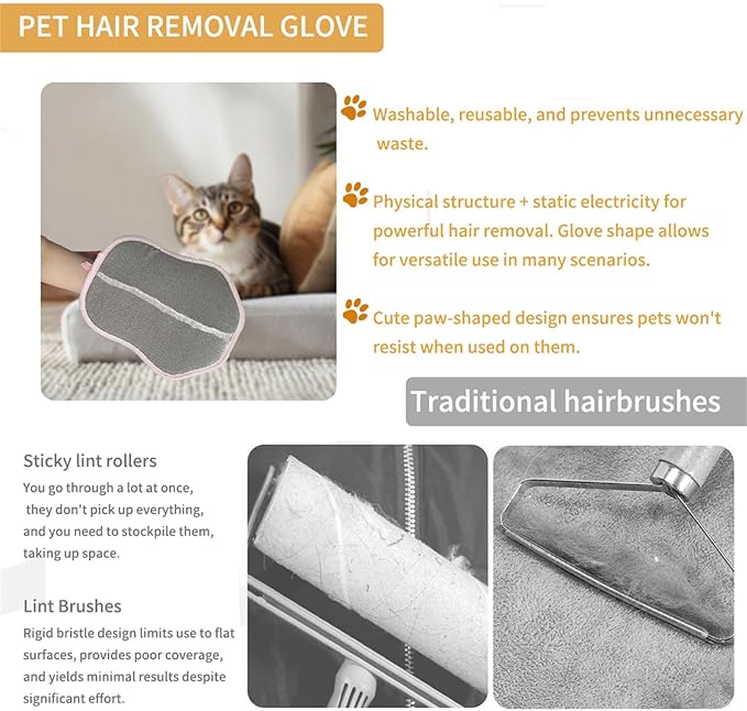 Pet Hair Removal Glove for Dogs Cats Electrostatic Hair Remover Gloves,Reusable Pet Hair Removal Glove Grooming Tool for Clothing, Sofa, Carpet, Car Seat,Bed(Pink,1Pcs)