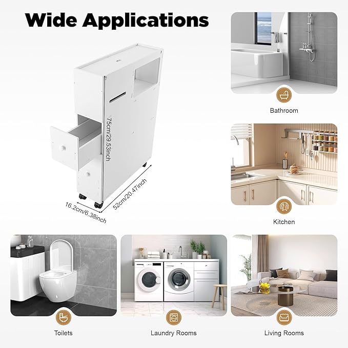 Slim Bathroom Floor Cabinet, Narrow Bathroom Storage Cabinet Plastic Storage Drawers Free Standing Cabinet Rolling Toilet Paper Holder with Slide Out Drawers Thin Toilet Cabinet w/Wheel