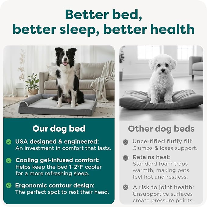 FurHaven Cooling Gel Dog Bed for Medium/Large Dogs, L-Shaped Chaise with Cool Gel-Top Foam & Solid Orthopedic Foam Base for Joint Support, Washable Cover, Large, Plush & Suede, Stone Gray