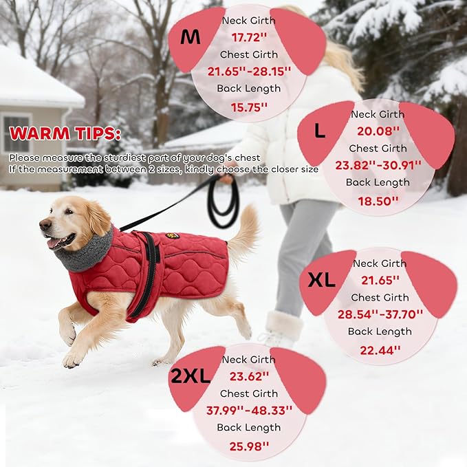 Dog Coat Winter, Waterproof Quilted Dog Jacket for Cold Weather, Reflective Adjustable Puppy Winter Coat, Warm Turtle-Neck Pet Fleece Snow Jacket for XX-Large Dogs, NewRed XXL
