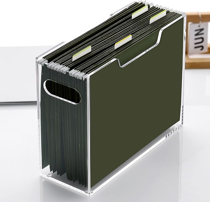DINGHUO Hanging File Box, Letter Size Acrylic Hanging File Organizer, Clear Portable File Storage Box with Handle, File Folder Holder for Desk Home Office School -1 Pack
