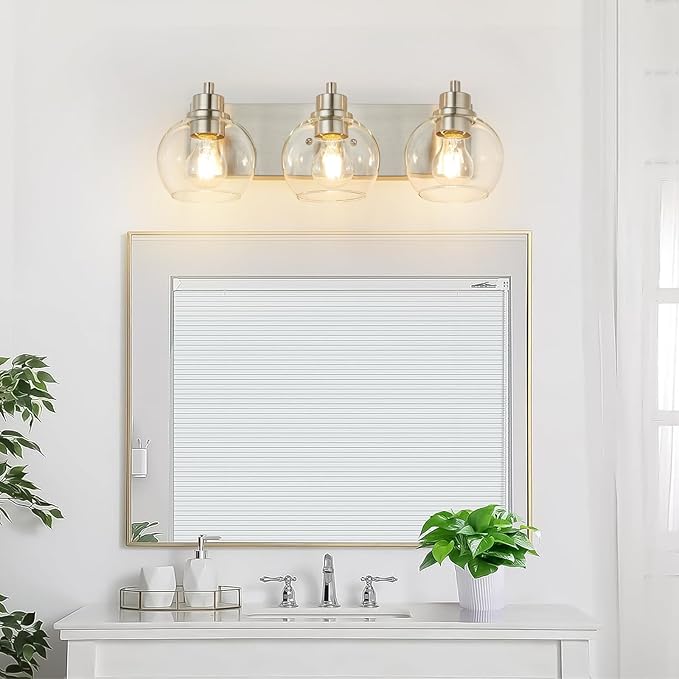 Tuscarora Bathroom Light Fixtures, Brushed Nickel Vanity Light 3 Light Bathroom Vanity Light with Clear Glass Shade,Lighting Fixtures for Mirror