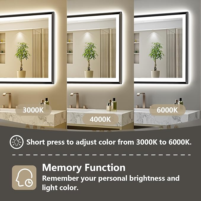 60x38 Black Framed LED Bathroom Mirror with Lights, Backlit and Front Light, Lighted Bathroom Vanity Mirror for Wall Dimmable Anti-Fog Memory Tempered Glass Horizontal/Vertical