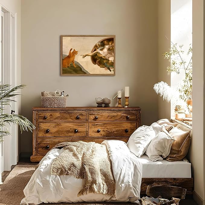 Funny Creation of Adam and Cat Wall Art, Whimsical Cat and God Wall Decor Painting Quirky Michelangelo and Animal Poster Canvas Print for Bedroom Living Room 16x24 inch Wood Framed