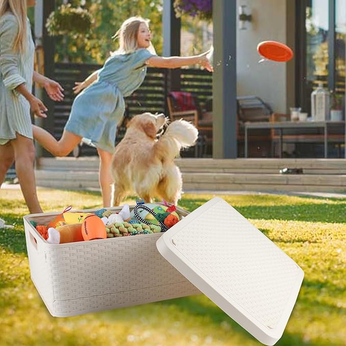 Collapsible Dog Toy Basket,Outdoor Dog Toy Bin wtih Handles,Dog Stuff Organizer Portable,Pet Storage Bin with Cover for Dog Toys Snack,Ideal for Camping,Dog Swimming,RV Trip,Picnic-Medium