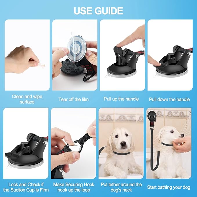 Dog Bathing Tether with Heavy Suction Cup, Dog Grooming Tub Restraint Soft Nylon Leash with Adjustable Collar for Pet Dog Cat Shower and Grooming Red