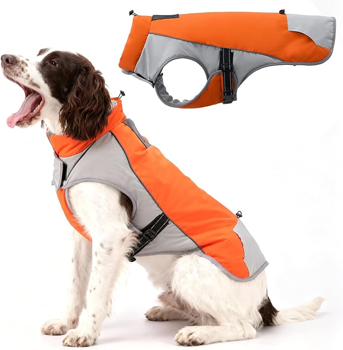 Warm Dog Cold Weather Coats - Waterproof Dog Winter Clothes with Reflective Straps, Adjustable Buckle & Leash Hole for Poodle, Dachshund,Border Terrier, Yorkshire Terrier，Orange & Gray L