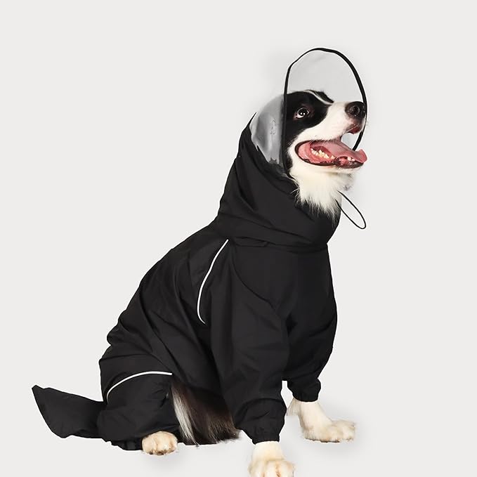 Dog Raincoat for Medium Large Dogs,rain Jacket Coat, Full Leg Coverage Waterproof Rain Suit with Detachable Hood & Tail, Reflective Strips, Snag-Free Top Zipper (Black for Boy, XX-Large)