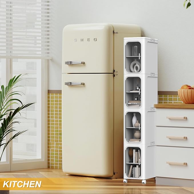 Slim Tall Bathroom Cabinet, Plastic Tall Narrow Cabinet with Doors and Shelves, Floorstanding Skinny Cabinets with Wheels, 4 Tier Corner Bathroom Organizer for Small Space