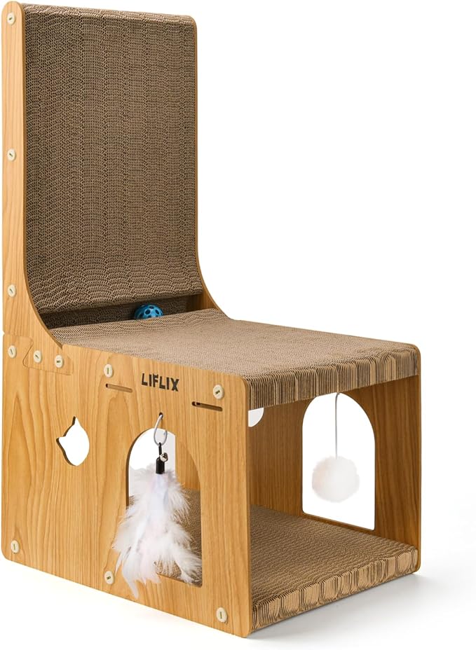 L-Shaped Double-Layer cat Scratching Board, Cardboard cat Scratching Post with Toys, Cat Scratcher & Hideaway for Indoor Cats to Scratch, Rest and Play