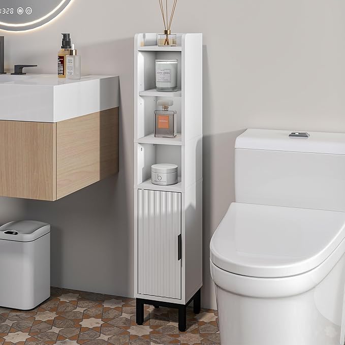 Small Bathroom Storage Cabinet, Corner Floor Cabinet with Door and Shelves, Narrow Toilet Paper Cabinet, Bathroom Organizer with Adjustable Shelf for Small Spaces, White, 5-Tier
