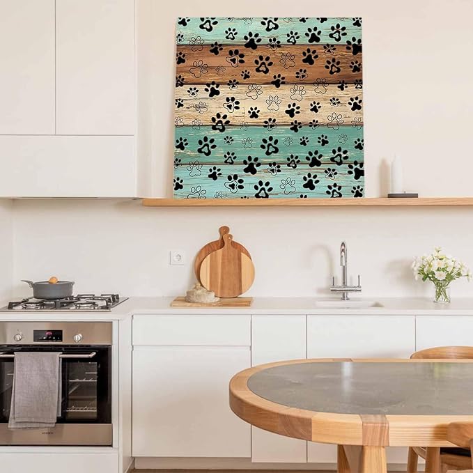 Framed Canvas Wall Art for Living Room Dog Paw Print Wall Decor, Retro Brown Teal Green Wood Grain Aesthetic Paintings for Bedroom Office Kitchen Bathroom, Ready to Hang Artwork Wall Pictures 8x8 Inch