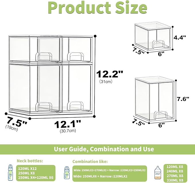 Baby Bottle Storage Organizer: Clear Stackable Storage Drawers, Acrylic Bottles Station Organizer Container for Countertop, Vanity, Bathroom, Cabinet Organization - 4 Pack