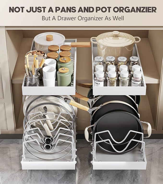 Pull Out Pots and Pans Organizer Under Cabinet, Sliding Lid Holder and Pan Rack in Kitchen, Slide Out inside Cabinet Storage for Pot Lid, Bakeware, Dishes, 8 Adjustable Dividers, 1 Pack White