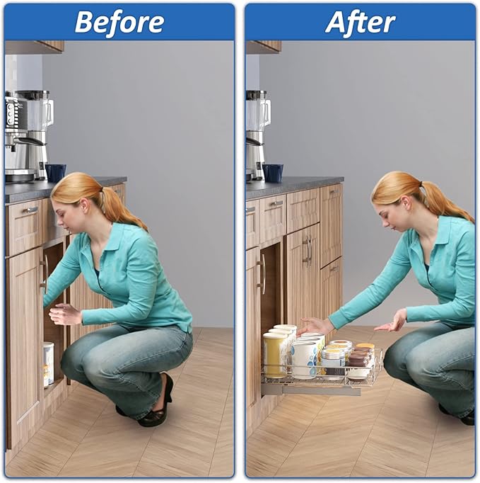 ROOMTEC Pull Out Cabinet Organizer - 17" W x 21" D, Slide Out Kitchen Cabinet Storage Shelves, Fits 18.5" Opening
