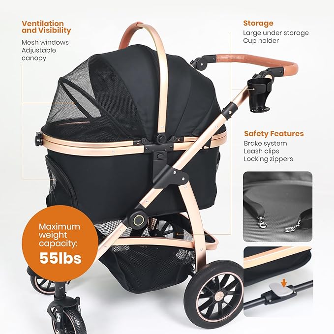 3 in 1 Pet Stroller for Small to Medium Dogs and Cats up to 55 lbs with Detachable Carrier/Car Seat, 34.44x24.21x 42.91, Foldable and Lightweight, Detachable Cushion + Cup Holder (Black/Gold)