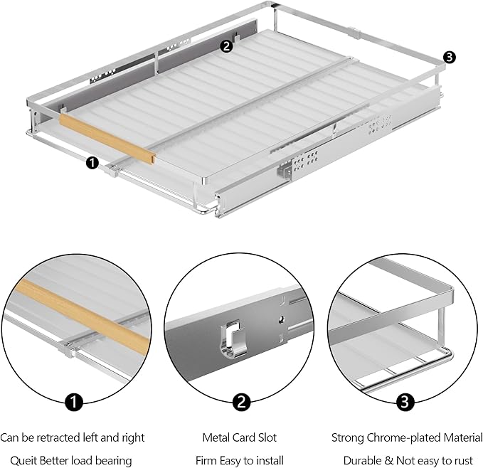 SANNO Pot Lid Organizer Pot Lid holder, Pots and Pans Organizer Drawer Plate Organizer Expandable Pull Out Cabinet Organizer Kitchen Sliding Shelf Under Sink Shelf