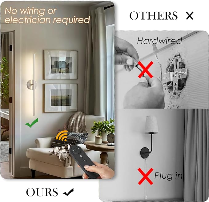 Battery Operated Wall Sconces with Remote Control, Dimmable Wall Sconces Set of Two, 350°Rotate, 3000K LED Nickel Wireless Wall Light for Living Room,Bedroom, Hallway, 28.3 Inch (2 Pack)