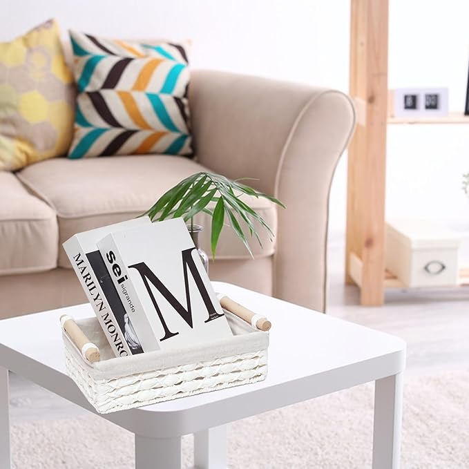 Storage Basket Wicker Baskets for Organizing with Handle Decorative Storage Bins for Countertop Toilet Paper Storage Basket for Toilet Tank Top Small Baskets Set (Set of 2,White)
