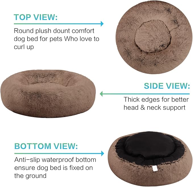 SAVFOX 20 inches Calming Donut Dog Bed - 3X Durable Plush Faux Fur, Machine Washable & Non-Slip, Fits up to 15 lbs, Brown