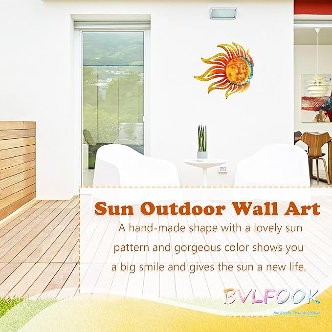 Metal Sun Moon Wall Art Decor, 12 Inch Retro Hanging Decor With Glass, Flame Sun Outdoor Indoor Wall Decorations For Patio Yard Garden Fence Living Room Bedroom