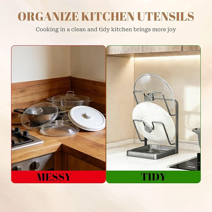 304 Stainless Steel Kitchen Pot Lid Storage Rack, Pot Lid Holder while Cooking, Pot Lid Organizer with Removable Tray & Spoon Rest,Waterproof & Rustproof (Beige, 1 Layer)