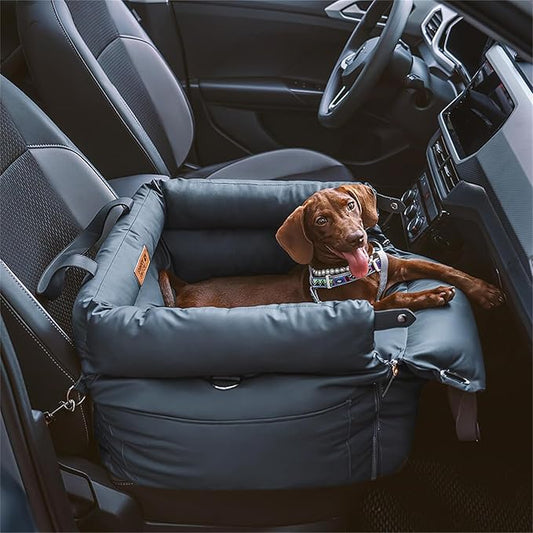 FUNNYFUZZY Leather Dog Car Seat for Small ＆ Medium Sized Dogs Up to 35lbs, Waterproof and Washable Dog Booster Seat Car Bed for Travel and Home,Portable and Safety(Blue)