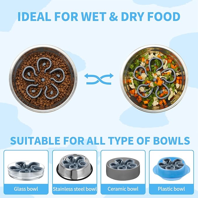 Slow Feeder Dog Bowls Insert, Bestalk Soft Silicone Slow Eating Dog Bowl Insert with Suction Cups for Small, Medium and Large Dogs(Grey S)
